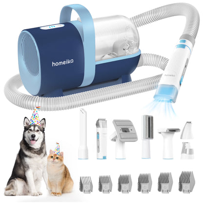 Pet Grooming Vacuum Cleaner Kit, 8 Pet Grooming Tools, 6 Nozzles, 1.5L Cup, Storage Bag, Dog Grooming Vacuum with Nail Grinder/Paw Trimmer/Shedding Brush for Dog Cat, Blue
