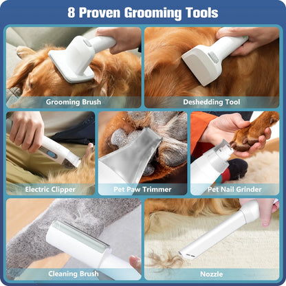 Pet Grooming Vacuum Cleaner Kit, 8 Pet Grooming Tools, 6 Nozzles, 1.5L Cup, Storage Bag, Dog Grooming Vacuum with Nail Grinder/Paw Trimmer/Shedding Brush for Dog Cat, Blue